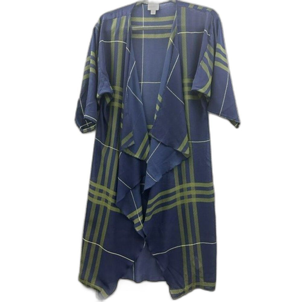 Lularoe Open Sheer Cardigan Kimono Plaid Blue Green Ruffle Size Small